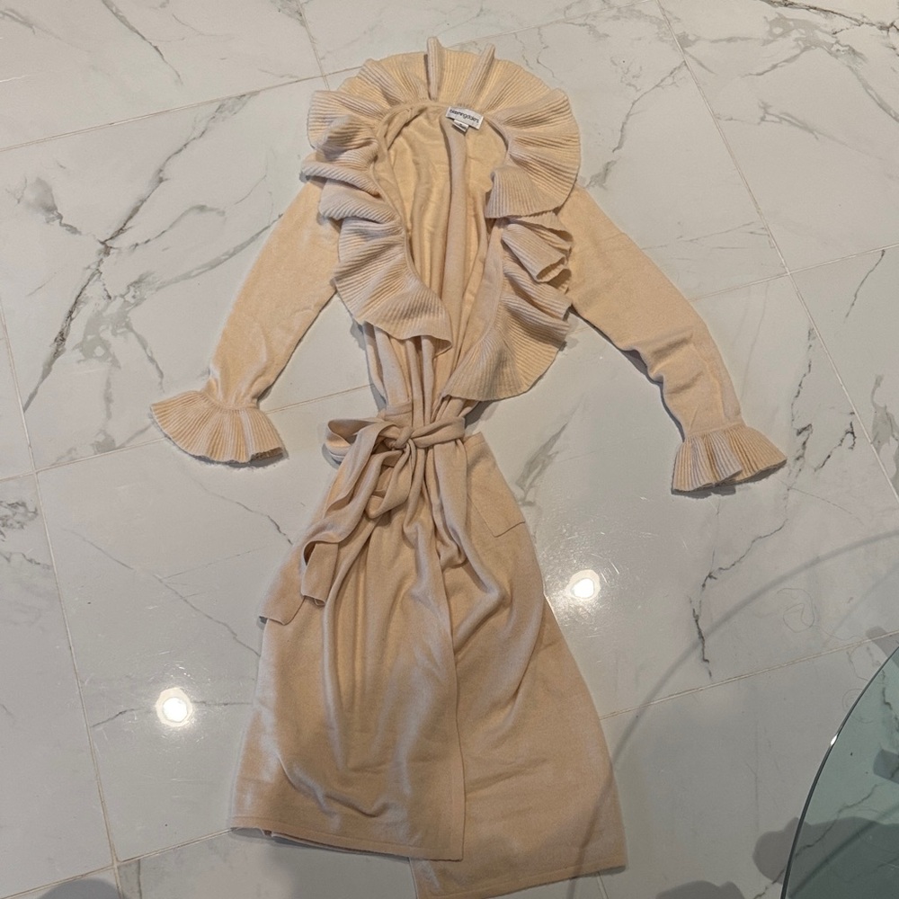 Bloomingdale's Cream Long Sleeve Longline Ruffle Duster Cardigan Size Medium